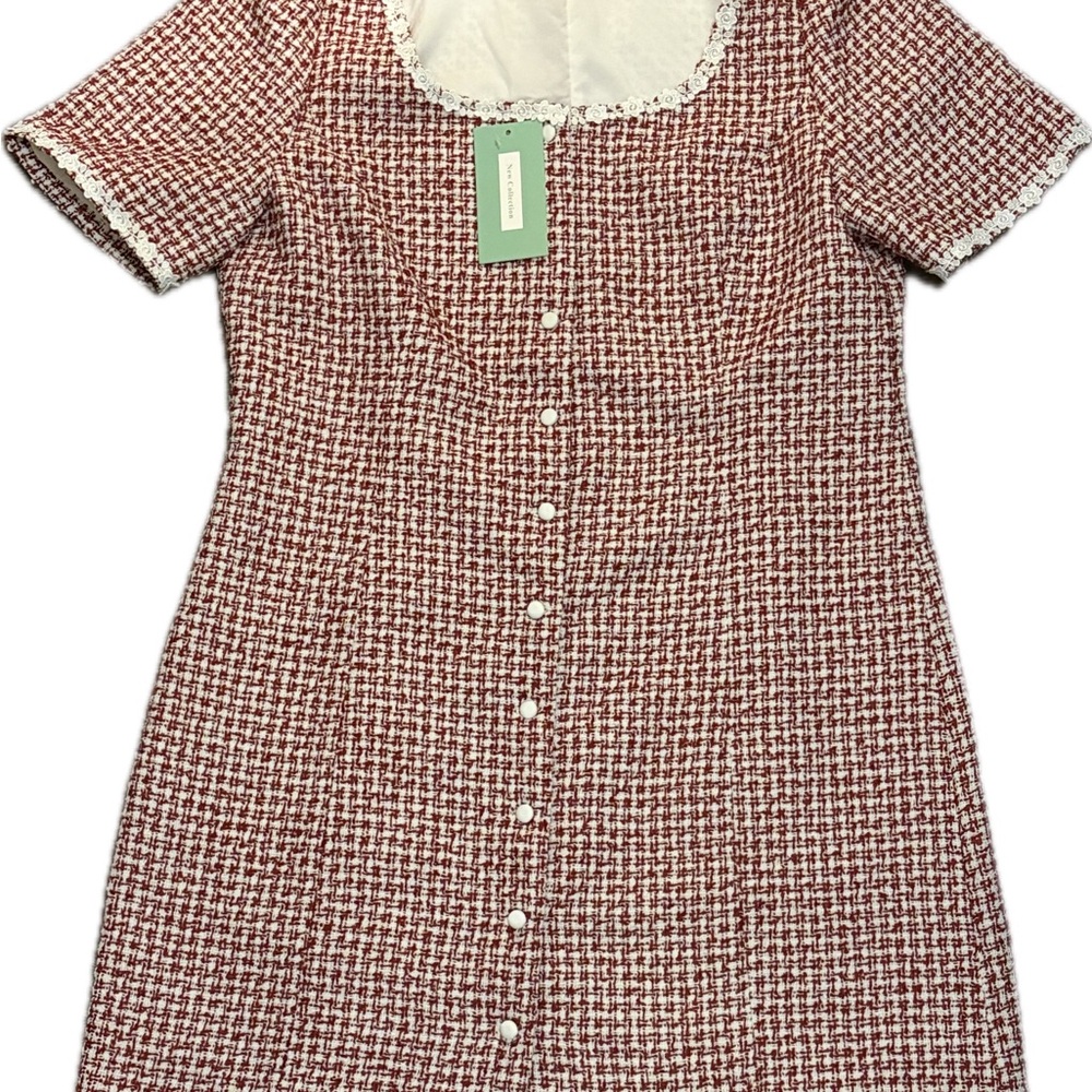 NWT Anthropologie *Replica* Dress Elegant Red Tweed Mini Dress with Lace Trim - Picture 5 of 6